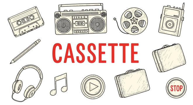 Retro Cassette Tape Music Icons Collection.