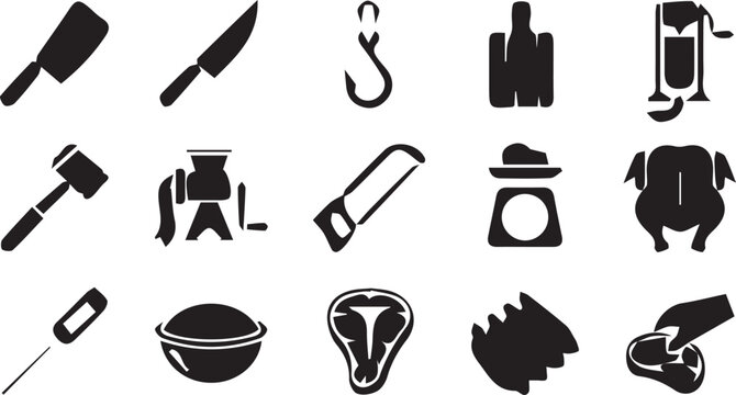 Butchery cooking silhouette icon set, meat tool vector, cleaver knife design, grinder pot artwork, steak cut graphic, culinary food emblem