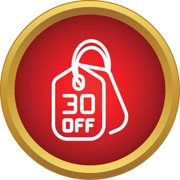 Round red button displaying a white discount tag offering 30 percent off