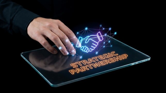 Digital Handshake Symbolizing Strategic Partnership on Tablet Screen.