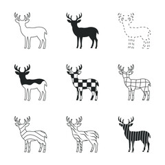 Obraz premium Deer Vector Silhouette Icons Set – Horned Stag, Geometric and Abstract Animal Graphic Collection