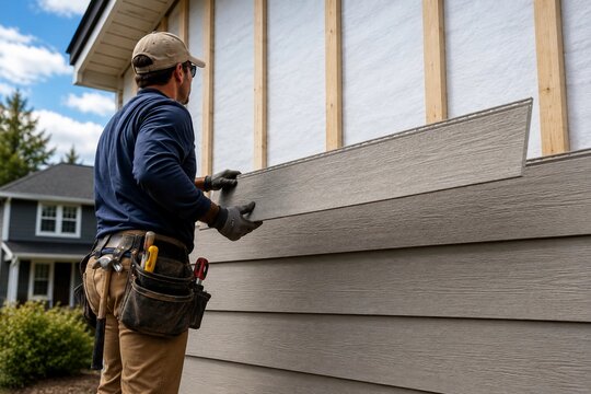 Professional Contractor Installing Fiber Cement Siding on Modern House