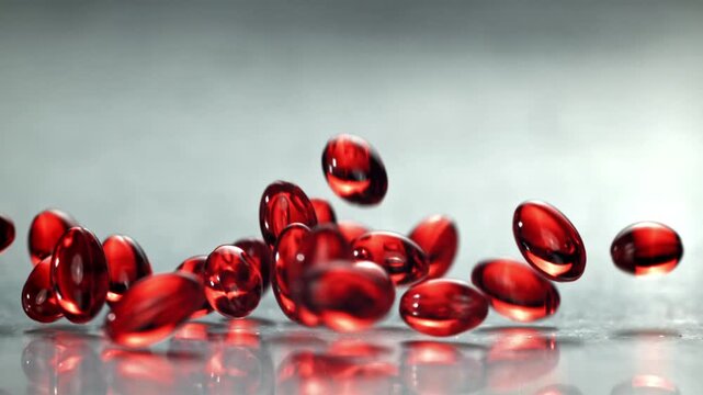 Red softgel capsules on reflective surface, gentle diffuse light Filmed on a high-speed camera at 1000 fps.