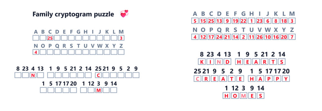 Family cryptogram puzzle with letters and numbers on white background  