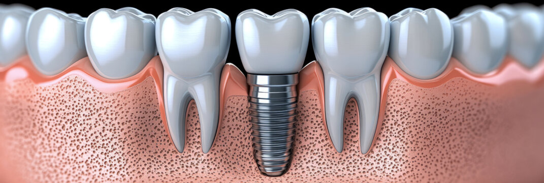 Detailed 3D Medical Visualization of Dental Implant Inserted into Human Jaw Bone Featuring Realistic Gums and White Teeth for Dental Care and Oral Surgery Education