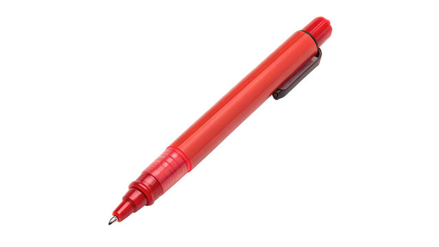 Classic red plastic office ballpoint pen stationery isolated on transparent background cut out