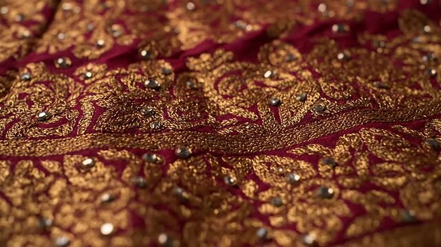 Close-up view of intricate gold embroidery on luxurious red fabric with jewels