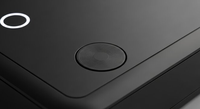 Close-up of a Modern Black Device with Illuminated Button.