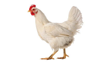 Full length profile view of a domestic white chicken hen isolated on transparent background cut out © AAAstock2025