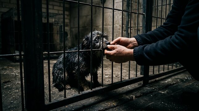 Small scruffy dog in shelter cage being touched by human hands