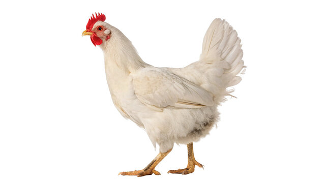 Full length profile view of a domestic white chicken hen isolated on transparent background cut out