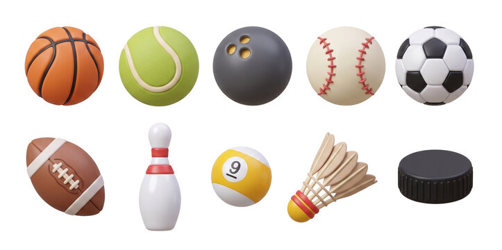 3D sports ball icon set and equipment pack isolated on transparent background. Cartoon basketball, soccer, tennis, baseball, rugby football, bowling pin, billiard, shuttlecock, hockey puck UI asset.
