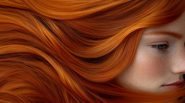 Close-up artistic portrait of woman with vibrant flowing ginger hair and freckled skin, showcasing soft natural lighting and elegant texture in high-quality aesthetic composition