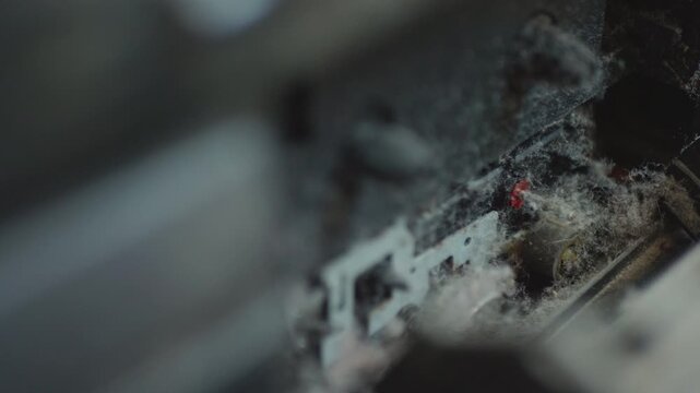 Man fingers pressing the stop and eject button on a very dusty vintage cassette player close up.