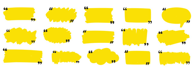 Obraz premium Hand drawn marker lines with quote signs set. Yellow strokes and quotes marks. Collection of colorful design elements. Speech mark symbol. Vector illustration