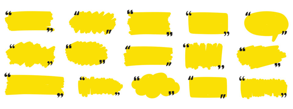 Hand drawn marker lines with quote signs set. Yellow strokes and quotes marks. Collection of colorful design elements. Speech mark symbol. Vector illustration