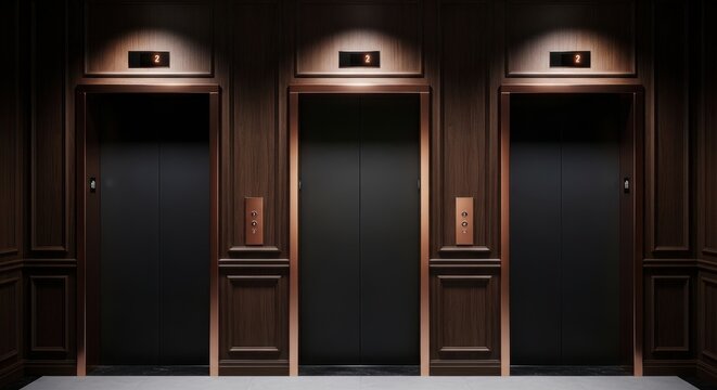 Three luxurious elevator doors with polished wood paneling and brass accents in a modern building interior
