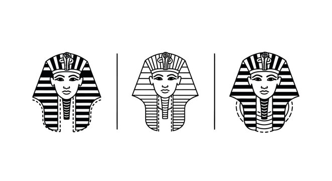 Three Ancient Egyptian Pharaoh Masks Line Art.