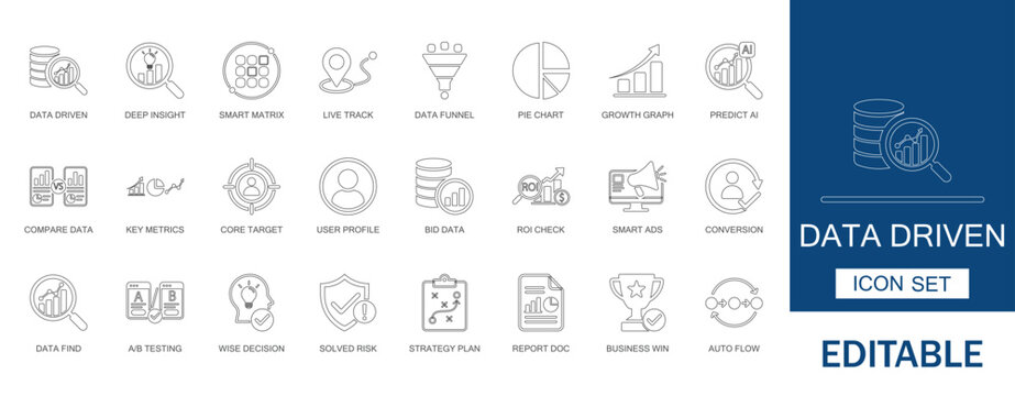 Data driven and business analytics icon set. Vector symbols for predict ai, deep insight, and a/b testing. Thin line style for roi check, metrics graph, and funnel.