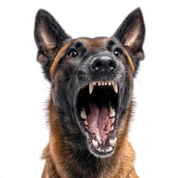 Aggressive Belgian Malinois Dog Barks Ferociously with Sharp Teeth Bared in Studio Portrait Lighting