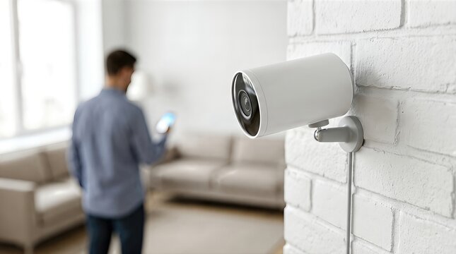 CCTV security camera mounted on a white wall with a man using a smartphone in a modern living room featuring a beige sofa and natural light from windows