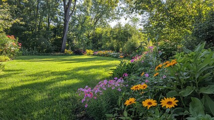 Obraz premium A peaceful garden with a floral border made up of bright flowers like daisies, sunflowers, and zinnias, bordering the lawn.
