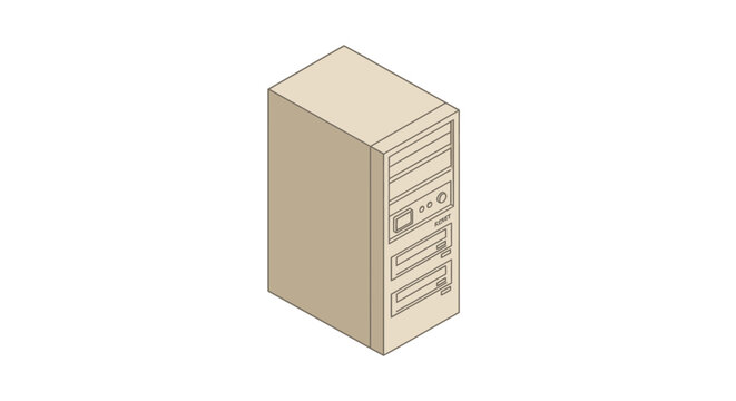 Beige computer server tower with multiple drive bays.