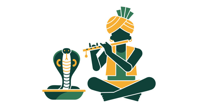 Traditional snake charmer playing flute with cobra illustration.