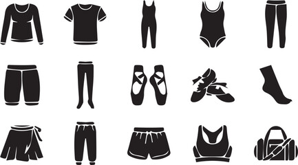 Dance clothing silhouette icon set, athletic apparel vector, leotard leggings design, ballet slipper artwork, sports bra graphic, fitness gear emblem © MD SAKIB