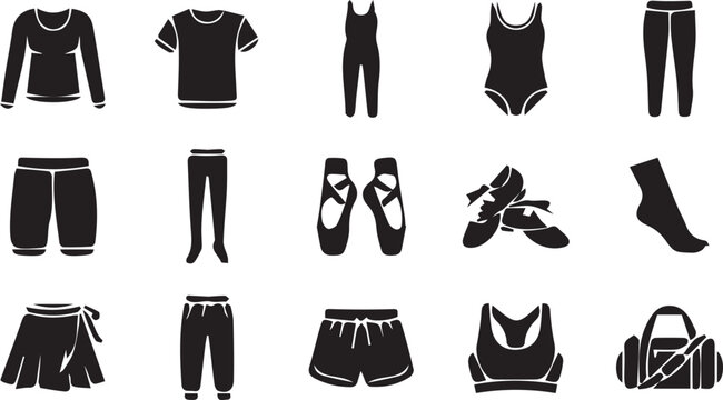 Dance clothing silhouette icon set, athletic apparel vector, leotard leggings design, ballet slipper artwork, sports bra graphic, fitness gear emblem