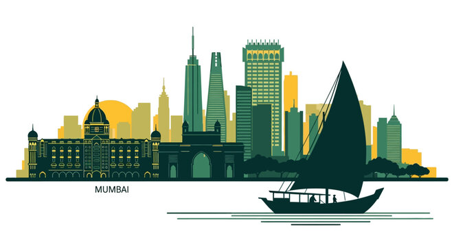 Mumbai city skyline with traditional sailboat illustration.