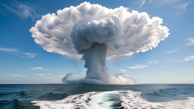 Massive mushroom cloud explosion over the ocean 4K video detonation disaster danger smoke impact detonation