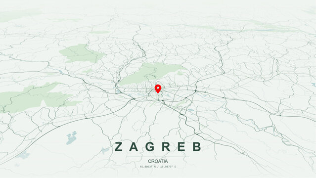 Modern minimalist vector map of Zagreb, Croatia. High-quality scalable illustration of Zagreb city grid, Lenuci Horseshoe park axis, Sava River infrastructure for posters and design. 