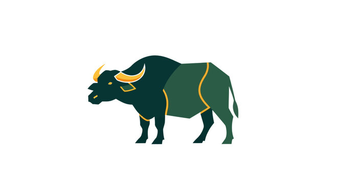 Illustrated Green Water Buffalo Standing Side Profile View.