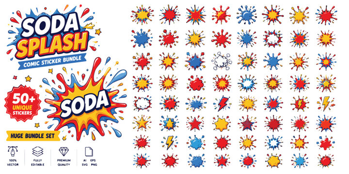 Comic soda splash sticker bundle, set of 50 plus unique pop art liquid burst icons, colorful cartoon explosion vector elements for graphic design