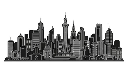 Fototapeta premium Modern City Skyline Silhouette with Iconic Tower, Urban Landmark Graphic