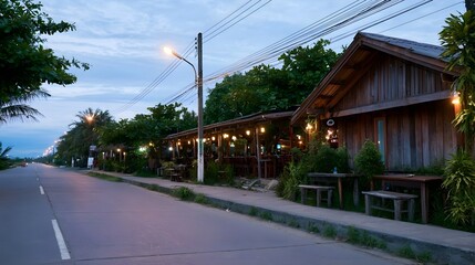 Fototapeta premium A rustic wooden structure lines a rural road framed by lush vegetation during the peaceful evening light