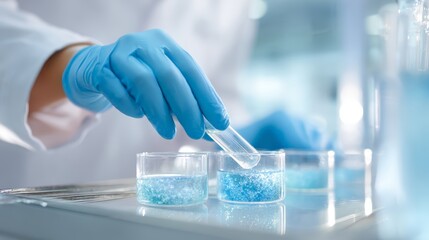 Fototapeta premium Gloved technician transferring liquid between test tubes with blue samples for clinical lab research and diagnostics banner