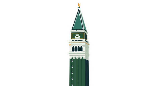 Illustrated clock tower with green and white details.