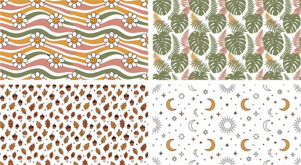 Seamless Retro Pattern Collection Featuring Floral Waves, Tropical Leaves, Autumn Acorns, and Celestial Boho Vector Background Designs © Priyanka