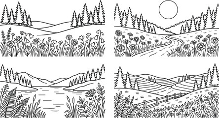 Obraz premium Nature Landscape Outline Illustration Collection Featuring Wildflower Meadows, Forest Hills, Lakes, and Scenic Countryside Vector Line Art Designs