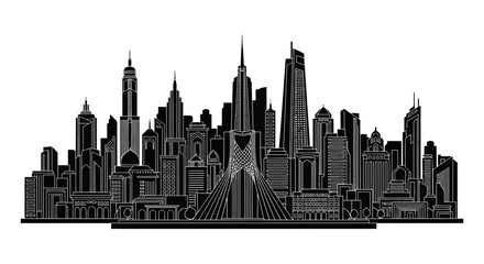 Obraz premium Tehran Skyline Silhouette with Azadi Tower, Iranian Urban Vector Art