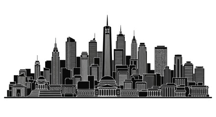 Fototapeta premium Modern city skyline silhouette, detailed urban architecture black icon