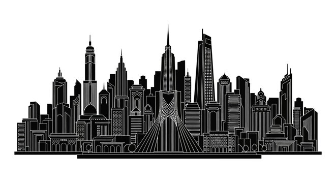 Tehran Skyline Silhouette with Azadi Tower, Iranian Urban Vector Art