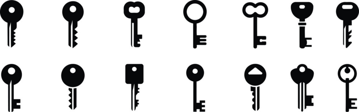 key ring icons set with minimal black outlines and varied lock shapes for interface ui design
