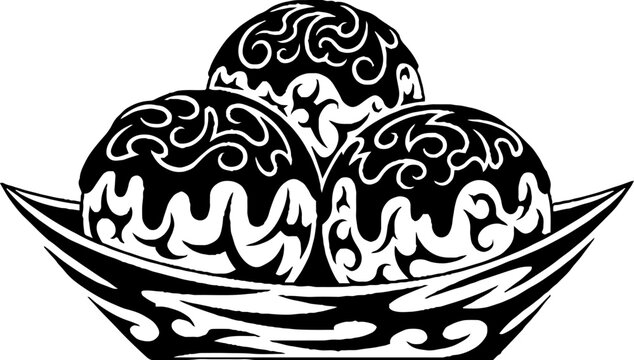 Japanese takoyaki octopus balls in boat bowl with tribal pattern