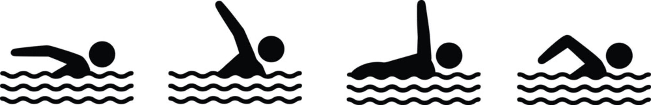 swimmer icon set with wavy water lines, swimming strokes and silhouette figures in motion