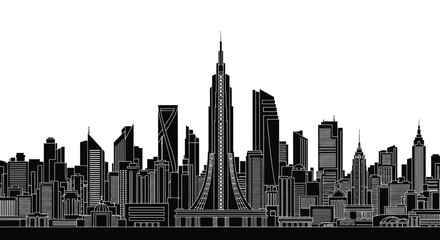 Obraz premium Modern city skyline silhouette with central tower, urban architecture