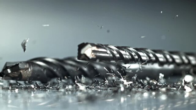 Row of drill bits on reflective plane, methodical repetition, micro Filmed on a high-speed camera at 1000 fps.