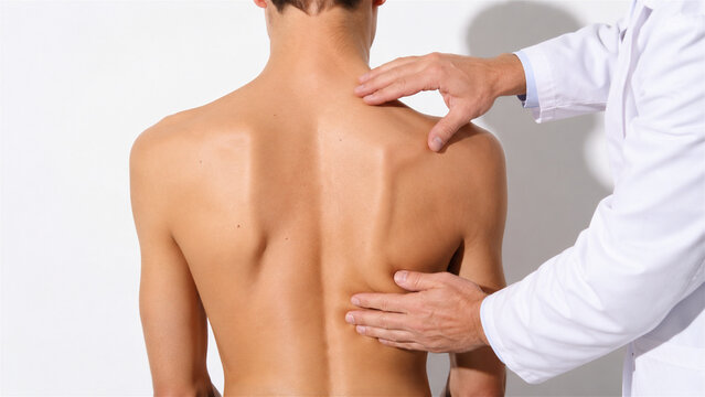 chiropractor examining back of shirtless man. Professional doctor palpating spine and shoulder blade of patient during medical checkup. Healthcare, physical therapy and diagnostic concept